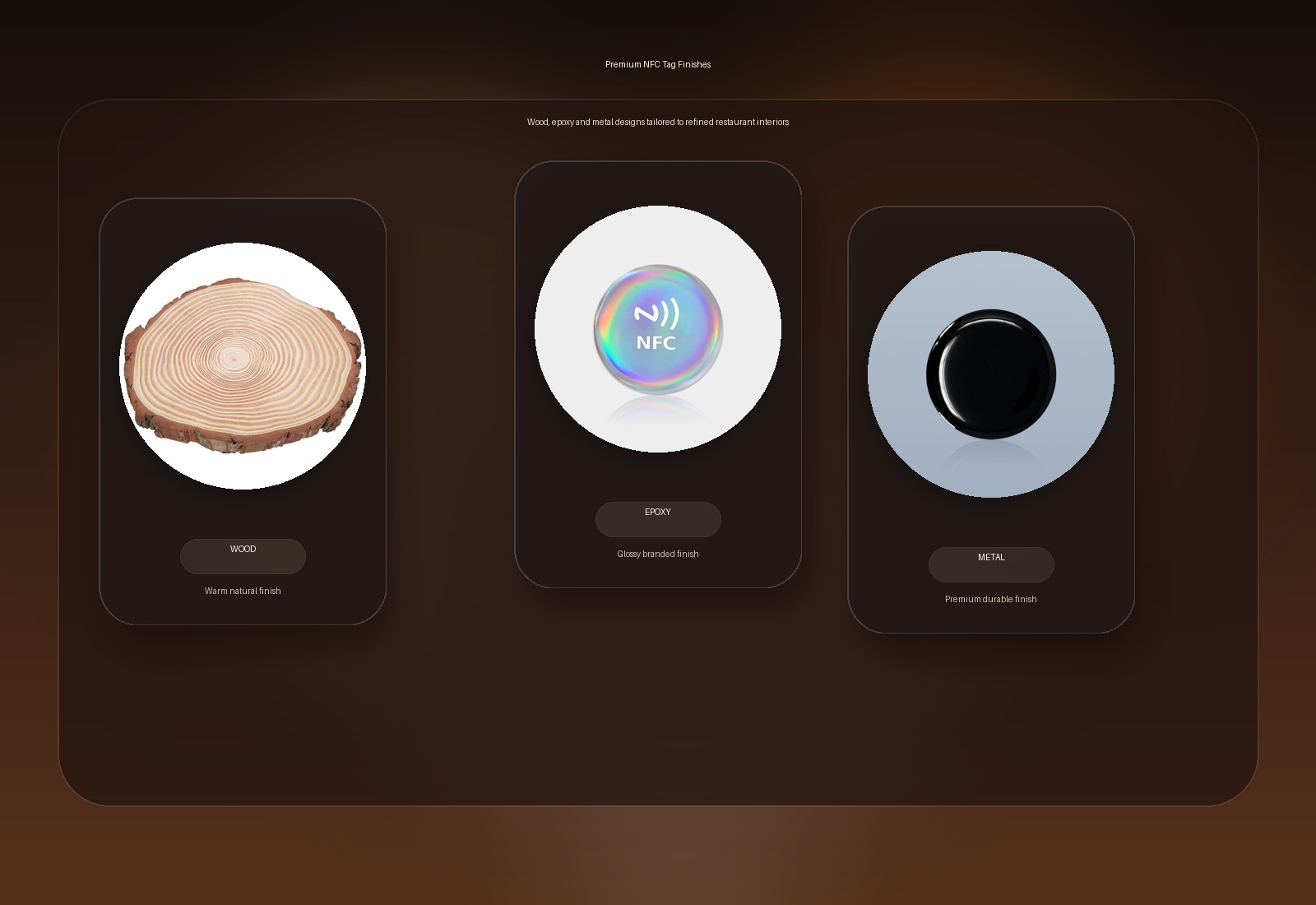 Premium NFC tags in wood, epoxy and metal finishes